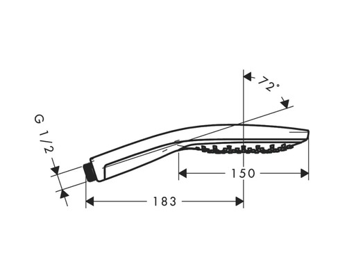 Technische Zeichnung eines Duschkopfes mit Maßangaben