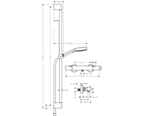 Maßzeichnung Duschstange mit Handbrause und Wandarm