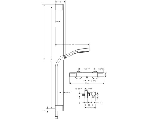 Technische Zeichnung einer Duschstange mit Maßangaben