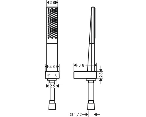 Technische Zeichnung einer Handbrause mit Maßangaben
