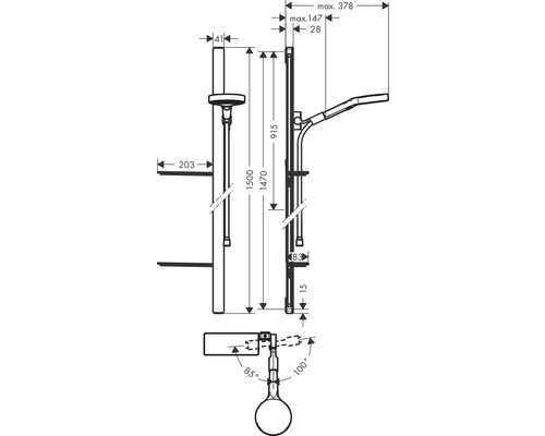 Technische Zeichnung einer Duschsäule mit Maßangaben