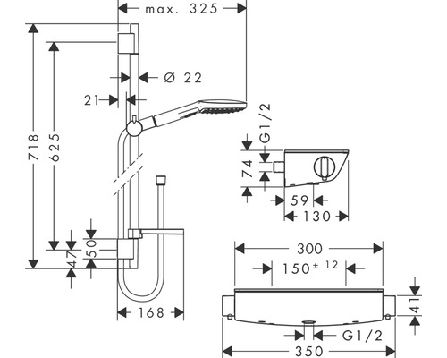 Technische Zeichnung Duschsystem mit Maßangaben
