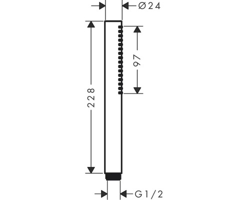 Technische Zeichnung einer Handbrause mit Maßangaben: 228 mm Höhe, 24 mm Durchmesser, 97 mm Brausekopf-Länge und G1/2-Anschluss.
