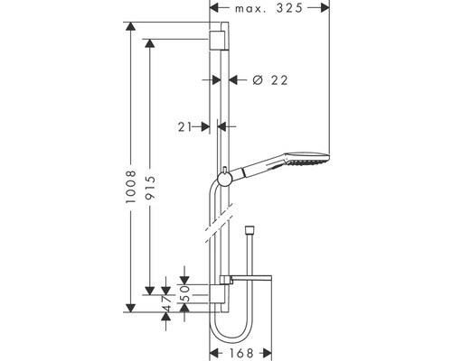 Technische Zeichnung einer Duschstange mit Maßangaben