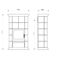 Technische Zeichnung eines Kaminofens mit den Maßen 770 x 390 x 1290 mm