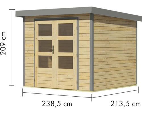Holzgartenhaus mit Doppeltür und Maßangaben 238,5 cm x 213,5 cm x 209 cm