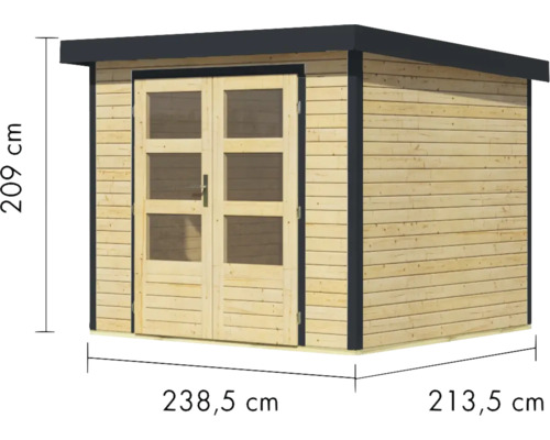 Abbildung eines Holzgartenhauses mit den Maßen 209 cm Höhe, 238,5 cm Breite und 213,5 cm Tiefe.