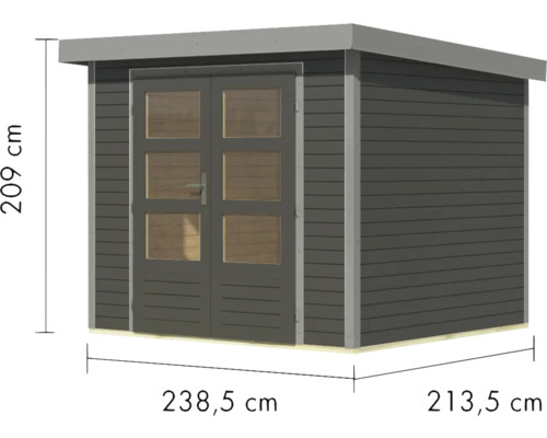 Abmessungen eines Gartenhauses mit Doppeltür und Flachdach