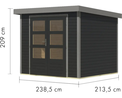 Abbildung eines Gartenhauses mit den Maßen 209 cm Höhe, 238,5 cm Breite und 213,5 cm Tiefe.