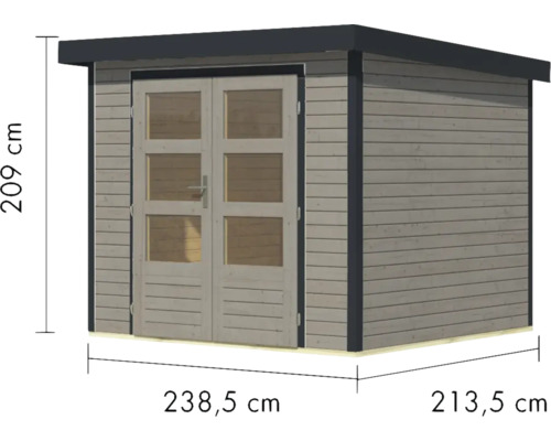 Gartenhaus aus Holz mit Doppeltür und Maßangaben