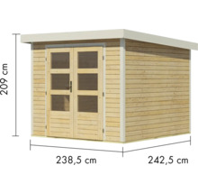Holzgartenhaus mit Doppeltür und Maßangaben