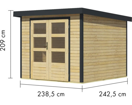 Gartenhaus aus Holz mit Doppeltür und Maßangaben