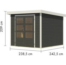 Gartenhaus aus Holz mit Doppeltür und Fensterrahmen sowie Maßangaben zu Höhe, Breite und Tiefe