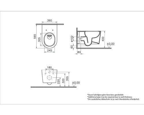 Technische Zeichnung eines wandhängenden WCs mit Abmessungen