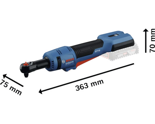 Bosch GRC 18V-40 Akku-Ratschenschrauber mit den Maßen 363 mm Länge, 75 mm Breite und 70 mm Höhe