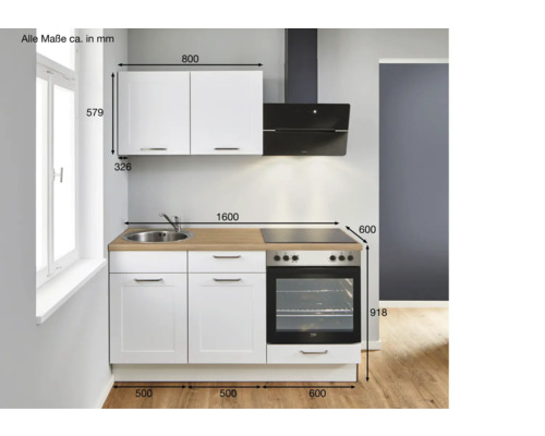 Kompakte Küche mit Maßen, bestehend aus Spüle, Herd, Backofen, Dunstabzugshaube und Schränken