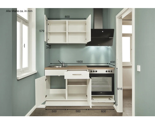 Kompakte Küchenzeile mit Spüle, Kochfeld, Backofen und Dunstabzugshaube sowie Ober- und Unterschränken mit Maßangaben