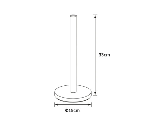 Technische Zeichnung eines Toilettenpapierhalters mit den Maßen 33 cm Höhe und 15 cm Durchmesser