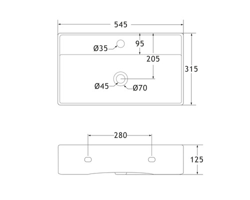 Technische Zeichnung eines Waschbeckens mit Maßangaben