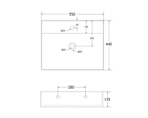 Zeichnung eines Waschtisches mit Maßangaben