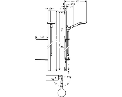 Maßzeichnung Duschsystem mit Handbrause und Kopfbrause