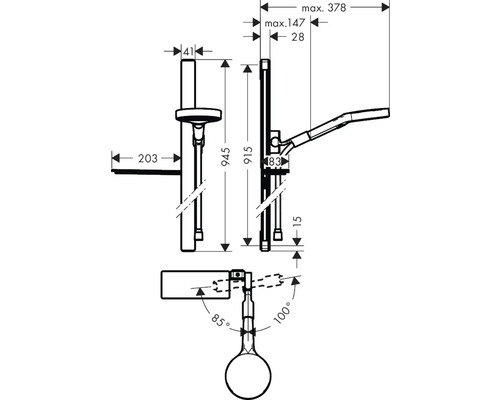 Technische Zeichnung einer Duscharmatur mit Maßangaben