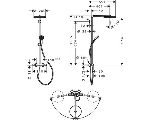 Technische Zeichnung einer Duscharmatur mit Maßangaben