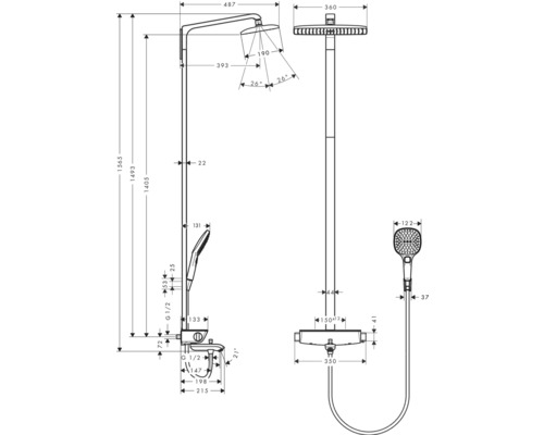 Technische Zeichnung einer Duscharmatur mit Maßen