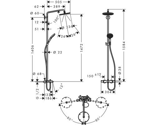Technische Zeichnung einer Duschgarnitur mit Maßangaben