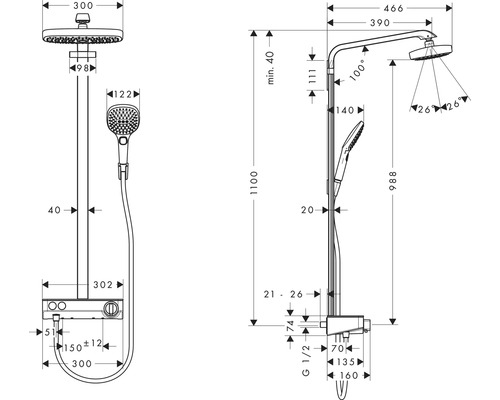 Technische Zeichnung einer Duscharmatur mit Maßen.