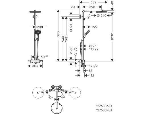 Technische Zeichnung einer Duscharmatur mit Maßangaben