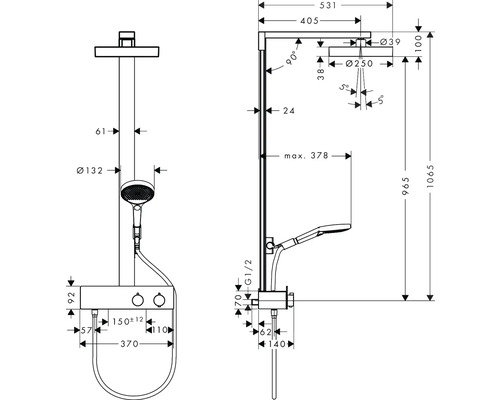 Maßzeichnung der Duscharmatur mit Kopfbrause und Handbrause