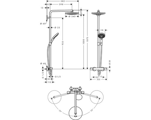 Technische Zeichnung eines Duschsystems mit Maßen