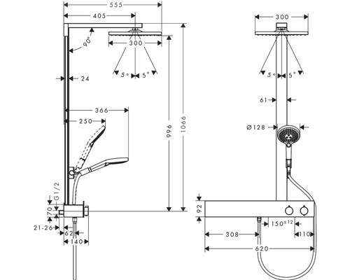 Technische Zeichnung einer Duscharmatur mit Maßangaben.