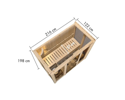 Sauna mit den Maßen 216 cm Länge, 122 cm Breite und 198 cm Höhe