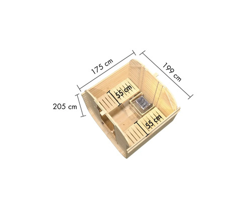 Draufsicht der Sauna mit den Maßen 175 cm, 199 cm und 205 cm.