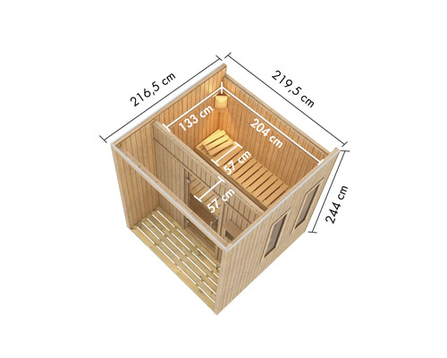 Illustration einer Sauna mit Maßangaben.