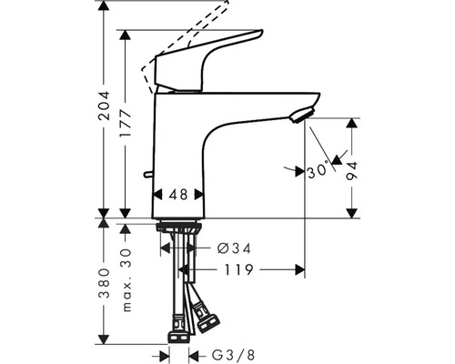Technische Zeichnung einer Waschtischarmatur mit Maßangaben