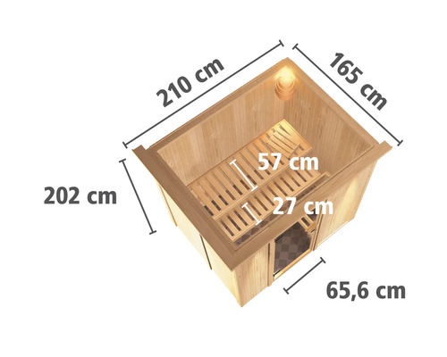Abmessungen der Gartensauna mit einer Höhe von 202 cm, einer Breite von 165 cm und einer Tiefe von 210 cm.