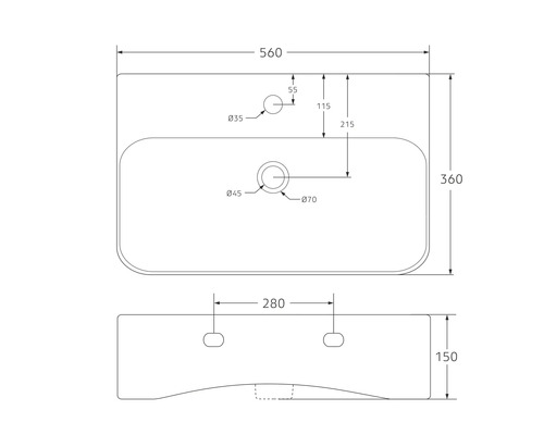 Technische Zeichnung eines Waschbeckens mit Maßangaben