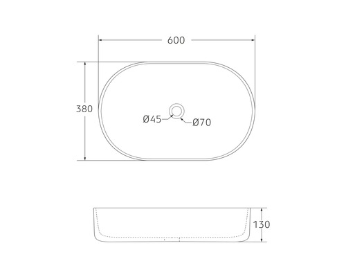 Technische Zeichnung eines Aufsatzwaschbeckens mit Maßangaben