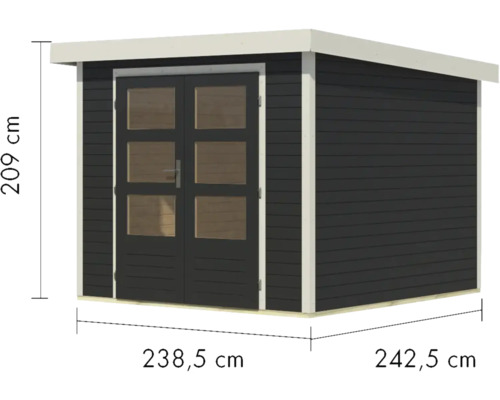 Gartenhaus aus Holz mit Doppeltür und Maßangaben