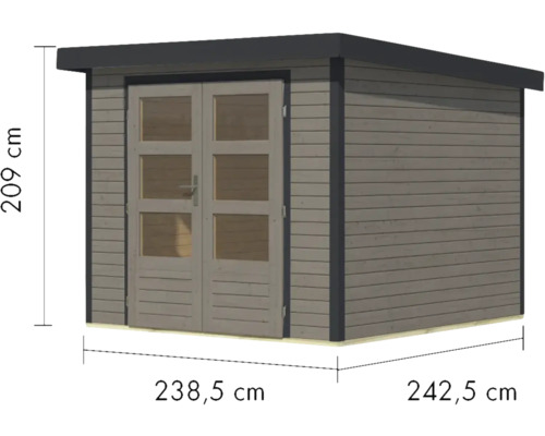 Holzgartenhaus mit Doppeltür und Maßangaben