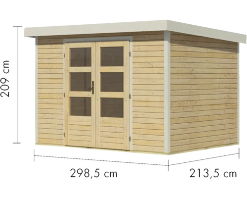 Gartenhaus aus Holz mit Maßen 209 cm Höhe, 298,5 cm Breite und 213,5 cm Tiefe