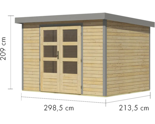 Gartenhaus aus Holz mit Doppeltür und Maßangaben 209 cm Höhe, 298,5 cm Breite und 213,5 cm Tiefe