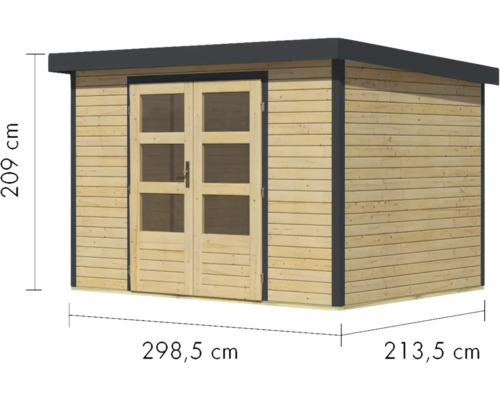Gartenhaus aus Holz mit Doppeltür und den Maßen 209 cm Höhe, 298,5 cm Breite und 213,5 cm Tiefe.