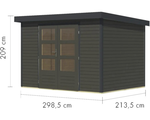 Gartenhaus mit Doppeltür und Maßangaben zu Höhe, Breite und Tiefe.