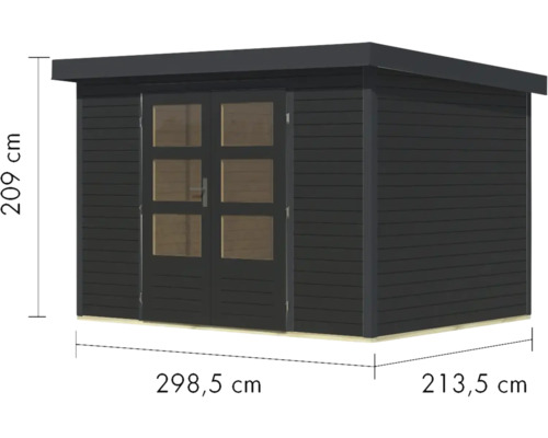 Schwarzes Gartenhaus mit Doppeltür und Maßangaben