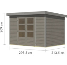 Gartenhaus mit den Maßen 209 cm Höhe, 298,5 cm Breite und 213,5 cm Tiefe.