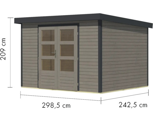 Gartenhaus aus Holz mit Doppeltür und Maßangaben